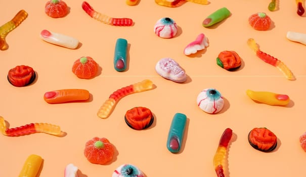 Halloween concept. Colorful sweets for Halloween party on orange background, high angle view