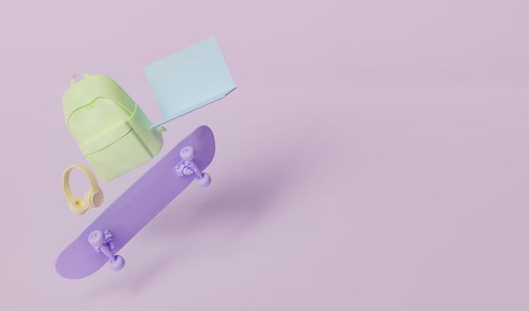 skateboard with backpack and headphones suspended in the air with pastel colors in back to school concept. 3d render