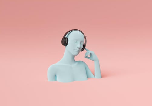 female bust enjoying music with her eyes closed and headphones on. minimal pastel color scene. 3d render