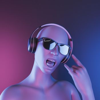 bust with rocker expression and headphones on metallic background with neon lighting. 3d render