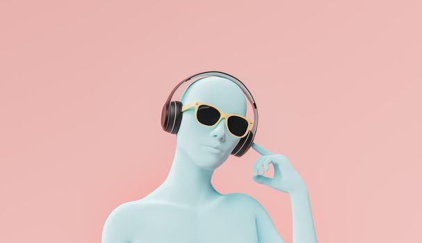 female bust with headphones and sunglasses on red pastel background. music and entertainment concept. 3d render