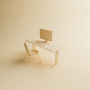beige scene of a minimalist desk with monitor and keyboard on a soft background with side lighting. 3d render
