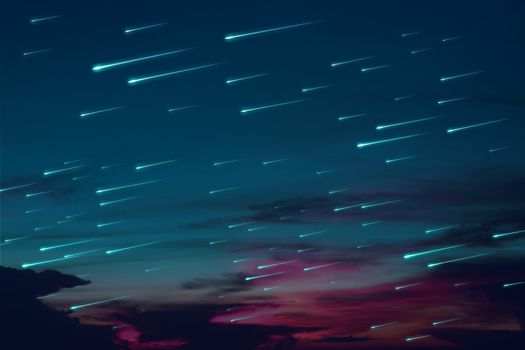 blue meteors rain on the sunset night sky dark cloud