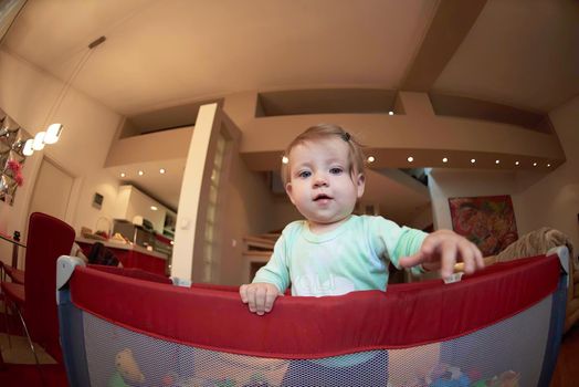 cute  little baby playing with toys in mobile bed making first steps and learnig to stand  and walk