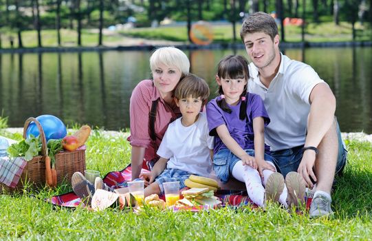 Happy young  family playing together with kids and eat healthy food  in a picnic outdoors