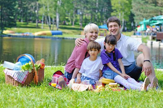 Happy young  family playing together with kids and eat healthy food  in a picnic outdoors