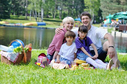 Happy young  family playing together with kids and eat healthy food  in a picnic outdoors