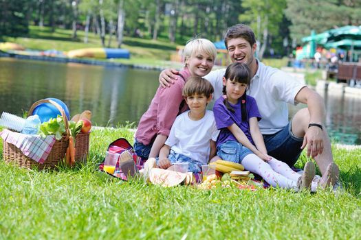 Happy young  family playing together with kids and eat healthy food  in a picnic outdoors