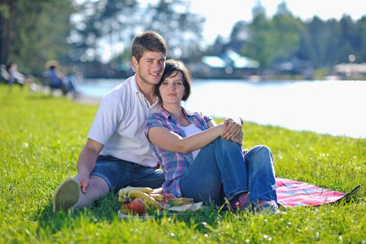 happy young romantic couple in love   having a picnic outdoor on a summer day