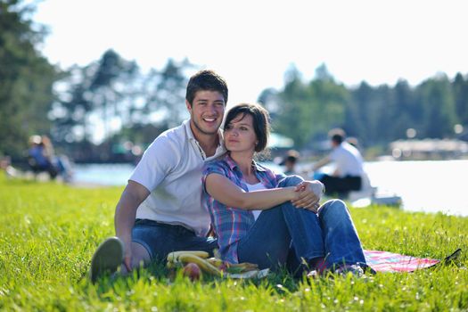 happy young romantic couple in love   having a picnic outdoor on a summer day