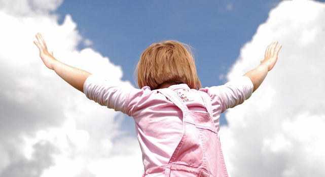 girl with arms wide open and sky background (Multiple values)