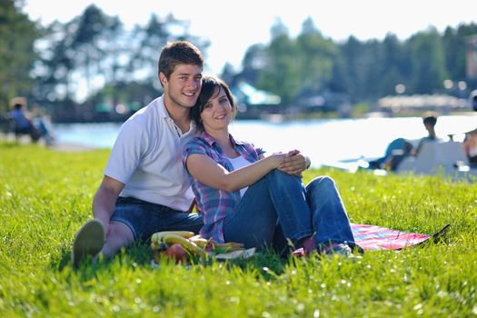 happy young romantic couple in love   having a picnic outdoor on a summer day