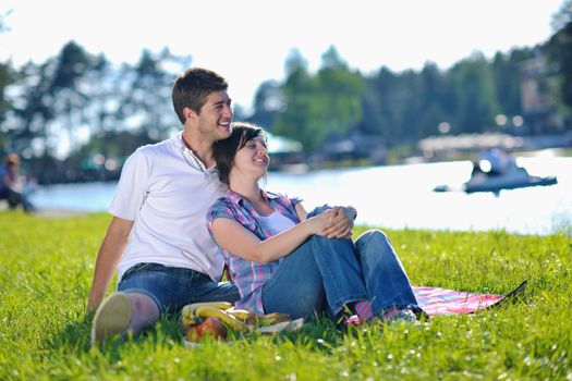 happy young romantic couple in love   having a picnic outdoor on a summer day