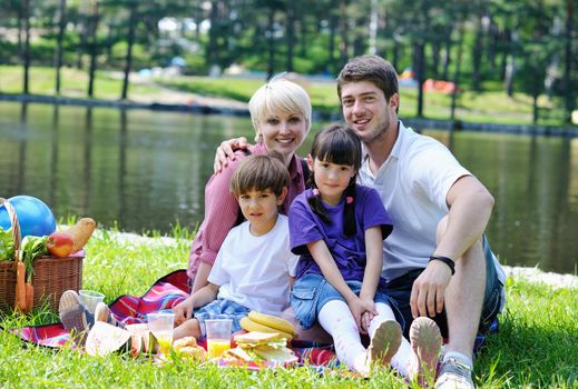 Happy young  family playing together with kids and eat healthy food  in a picnic outdoors