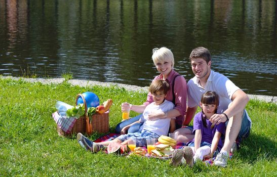 Happy young  family playing together with kids and eat healthy food  in a picnic outdoors