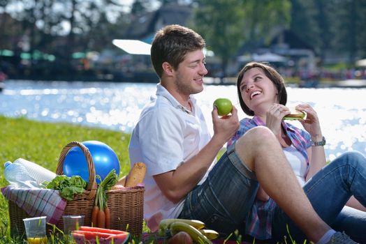 happy young romantic couple in love   having a picnic outdoor on a summer day