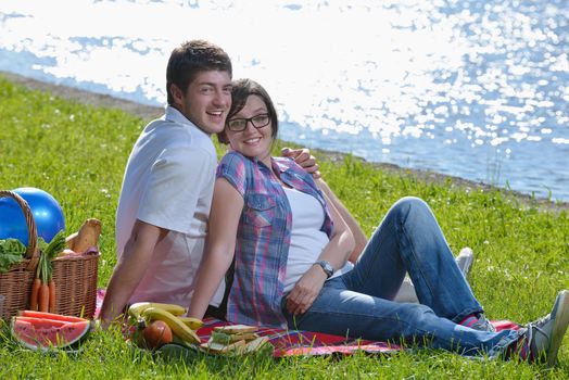 happy young romantic couple in love   having a picnic outdoor on a summer day