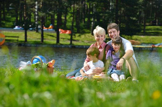 Happy young  family playing together with kids and eat healthy food  in a picnic outdoors