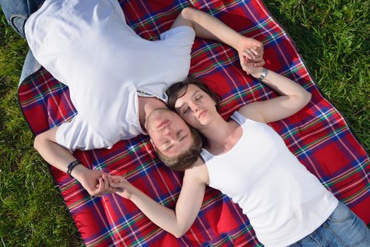 happy young romantic couple in love   having a picnic outdoor on a summer day