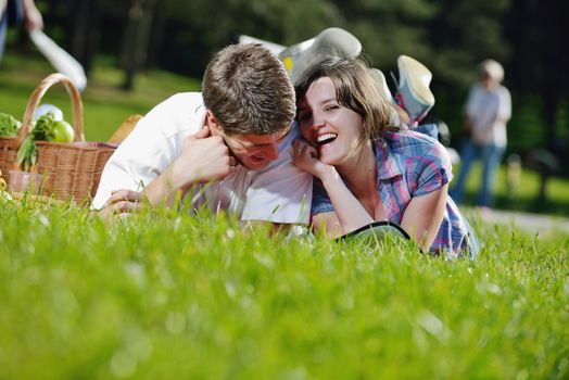 happy young romantic couple in love   having a picnic outdoor on a summer day