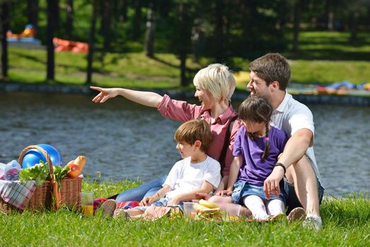 Happy young  family playing together with kids and eat healthy food  in a picnic outdoors