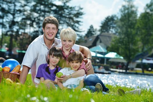 Happy young  family playing together with kids and eat healthy food  in a picnic outdoors