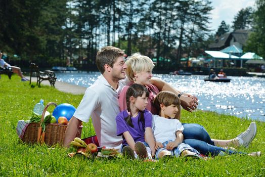 Happy young  family playing together with kids and eat healthy food  in a picnic outdoors