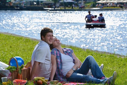 happy young romantic couple in love   having a picnic outdoor on a summer day