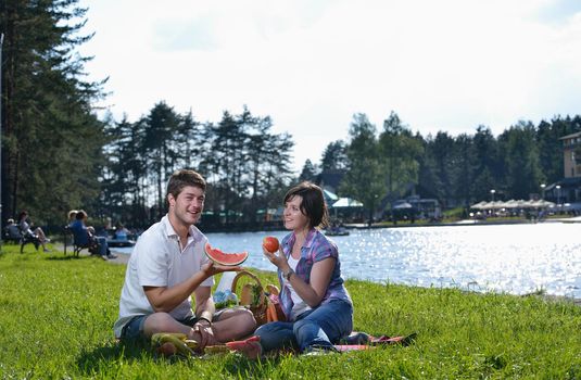 happy young romantic couple in love   having a picnic outdoor on a summer day