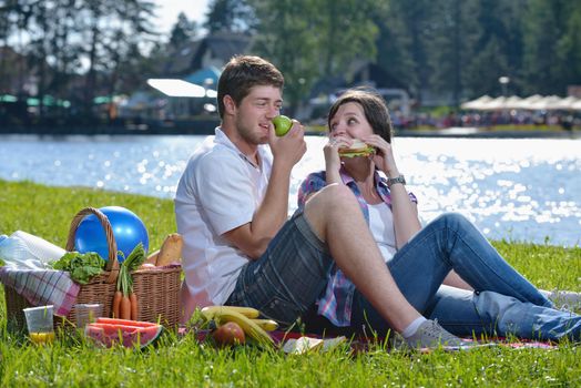 happy young romantic couple in love   having a picnic outdoor on a summer day