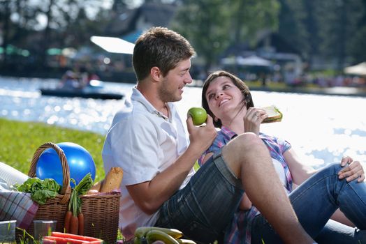 happy young romantic couple in love   having a picnic outdoor on a summer day