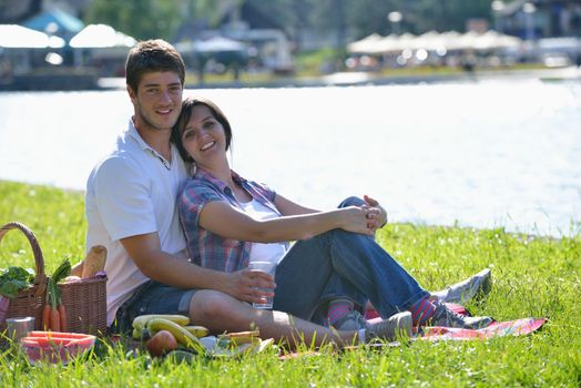 happy young romantic couple in love   having a picnic outdoor on a summer day