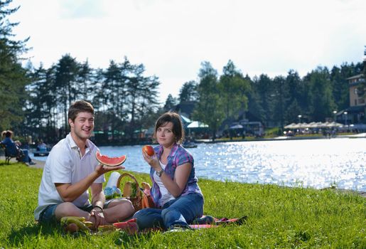 happy young romantic couple in love   having a picnic outdoor on a summer day