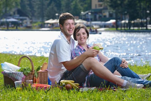 happy young romantic couple in love   having a picnic outdoor on a summer day