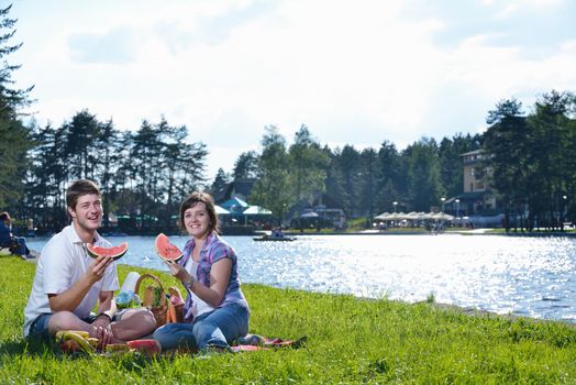 happy young romantic couple in love   having a picnic outdoor on a summer day