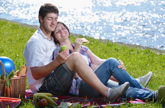 happy young romantic couple in love   having a picnic outdoor on a summer day