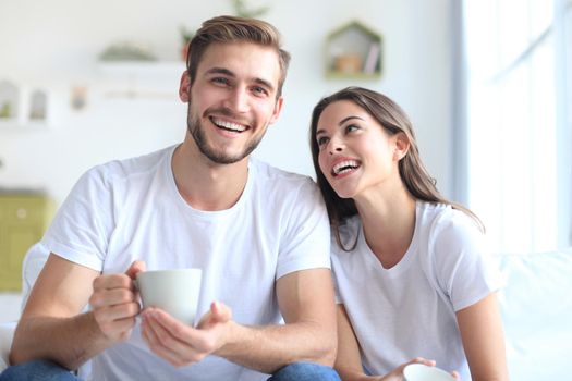 Cheerful young couple in the morning at home in the living room.