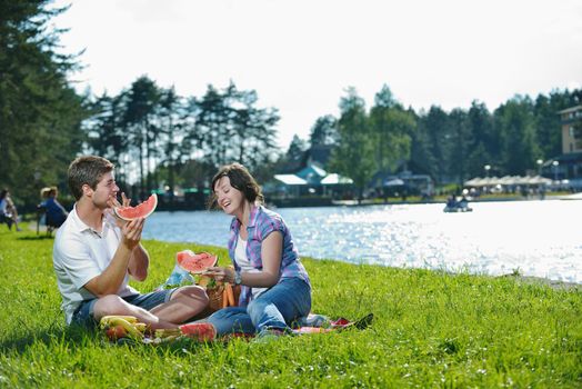 happy young romantic couple in love   having a picnic outdoor on a summer day