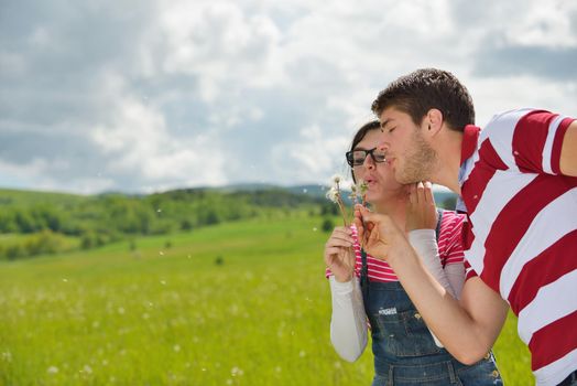 Portrait of romantic young couple in love  smiling together outdoor in nature with blue sky in background