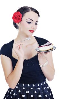 pretty young happy woman with travel bag waiting and posing isolated on white backround  in studio