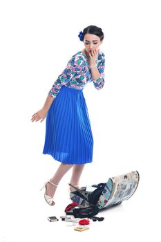 pretty young happy woman with travel bag waiting and posing isolated on white backround  in studio