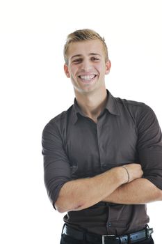 happy young businessman in business suit  portrait isolated on white background