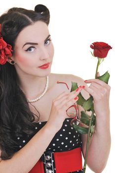 beautiful young woman with rose flower isolated on white