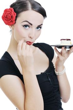 pretty young happy woman with travel bag waiting and posing isolated on white backround  in studio