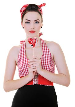 happy young woman with lollipo candy isolated on white 