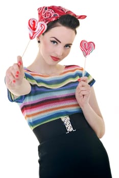 happy young woman with lollipo candy isolated on white