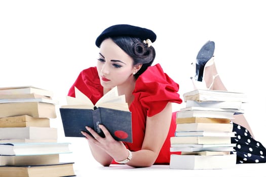 young student woman in retro clothes read book and get education for exam study isolated on white backround
