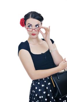 beautiful young woman isolated on white in studio in old fashion clothes representing pinup and retro style