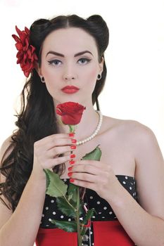 beautiful young woman with rose flower isolated on white