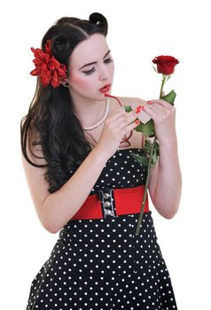 beautiful young woman with rose flower isolated on white